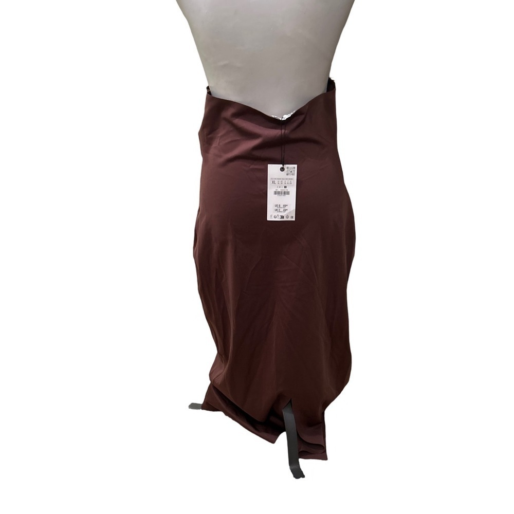 Zara Womens Satin Strapless Slip Dress SZ XL Brown Midi Maxi Gown Slit Tube Top - Picture 6 of 8